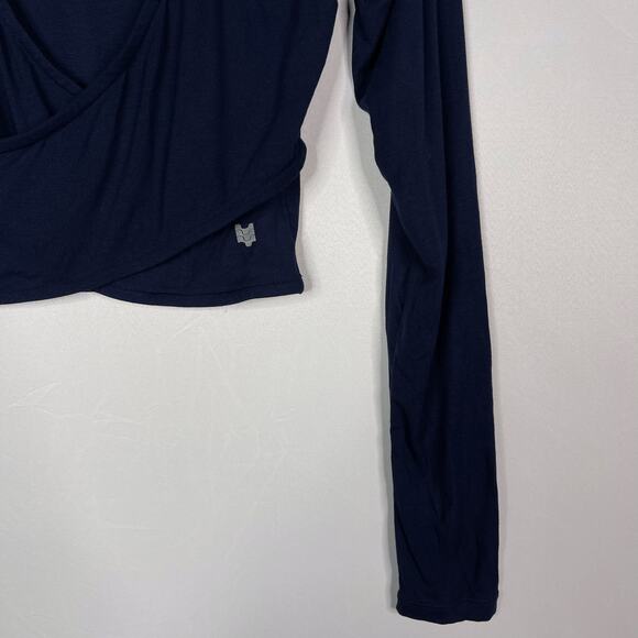New Ododos Small Navy Blue Cropped Cross Wrap Front Long Sleeve Top Deep V Neck - Picture 3 of 10